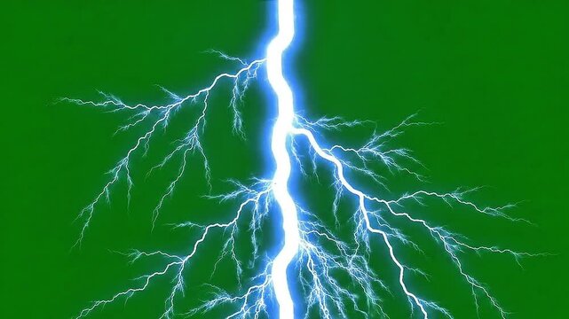 Realistic single lightning strike on green screen background