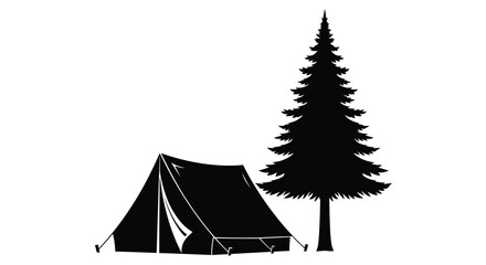 Black tent beside tall pine tree camping © Vector Art