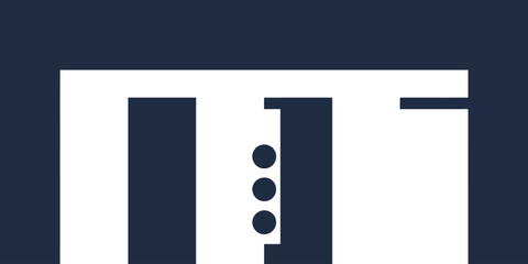 A minimalist abstract design featuring white shapes and three dark circles on a dark blue background
