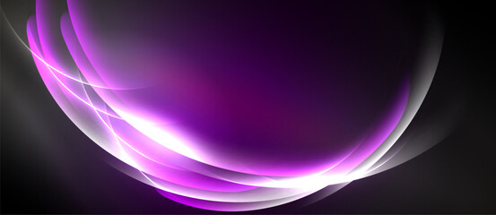 Abstract purple waves, glowing lines. Smooth gradients create dynamic, modern visual effect. Dark background emphasizes bright curves.