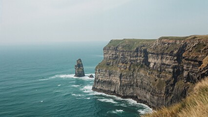 Cliffs and sea coastline with a prominent rock formation, rugged terrain, and ocean waves. Landscape of coastal cliffs and natural scenery.