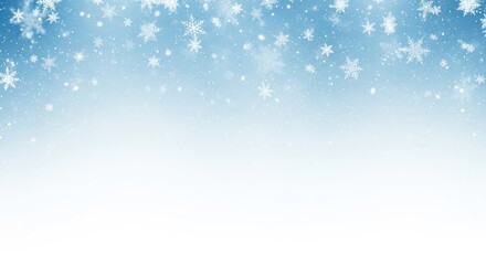 Fototapeta premium Falling snowflakes on a soft blue gradient background, creating a winter wonderland atmosphere with a clear white space at the bottom for text or design elements