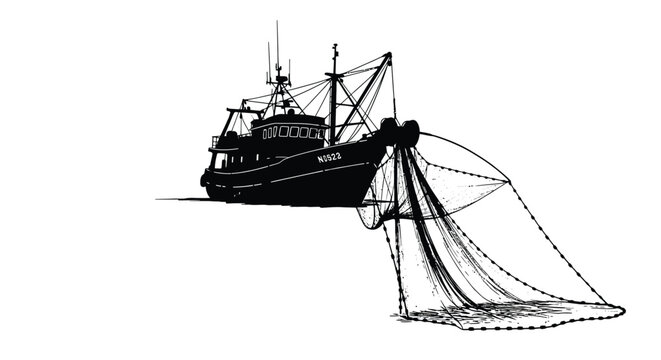 Fishing vessel deploying net boat ocean