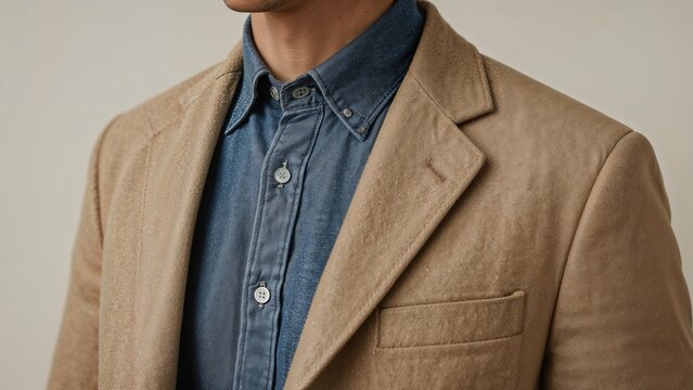 A man wearing a beige blazer over a blue shirt. - Powered by Adobe