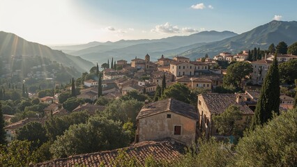 Obraz premium Village landscape with historic buildings, mountains, and trees under sunlight. Scenic rural scene with traditional architecture and lush greenery.