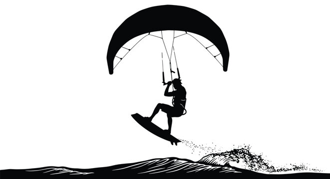Kite surfer airborne over ocean waves vector