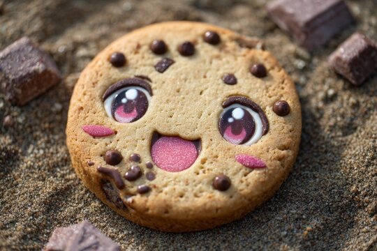 A cute chocolate chip cookie with an anime face and rosy cheeks.