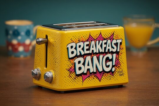 A comic-style exploding toaster with 'BREAKFAST BANG' onomatopoeia.
