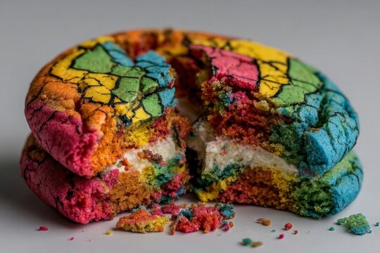 A crumbling cookie with rainbow cream filling in a comic book style.