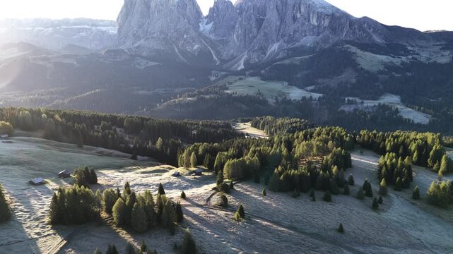 Cinematic aerial video of the Alpe di Siusi in the Italian Dolomites during morning golden hour