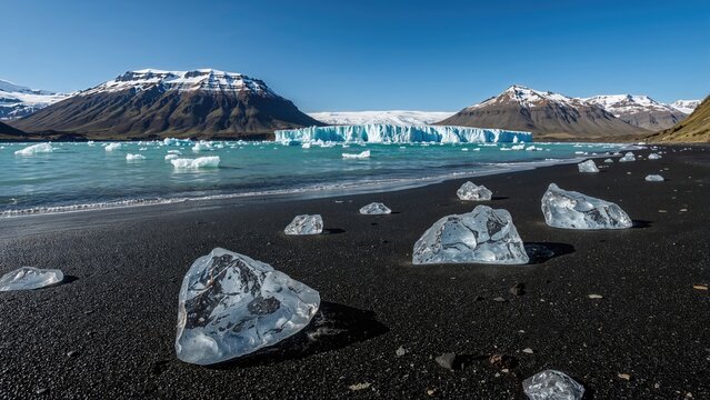 A cold landscape with icebergs on a black sand beach, snow-capped mountains, and a large glacier in the background. - Powered by Adobe