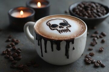 A dark and moody latte with a skull in the foam and black drips.
