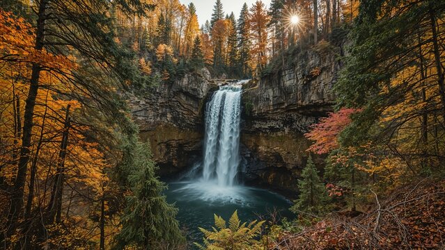 Autumn forest scene with waterfall flowing into a pool, surrounded by colorful trees and rocky cliffs. Nature landscape with vibrant fall foliage.