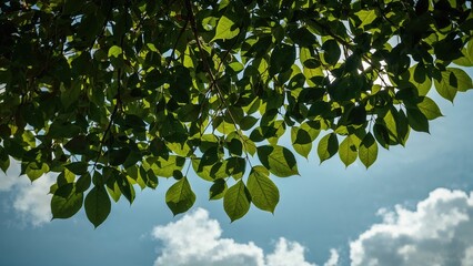 Close-up of green leaves on tree branches against a bright blue sky with clouds.
