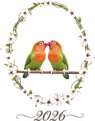 Two lovebirds perched on a branch surrounded by a floral wreath for the year 2026
