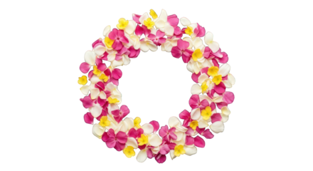 A floral wreath made of rose petals in pink, white, and yellow isolated on a transparent background