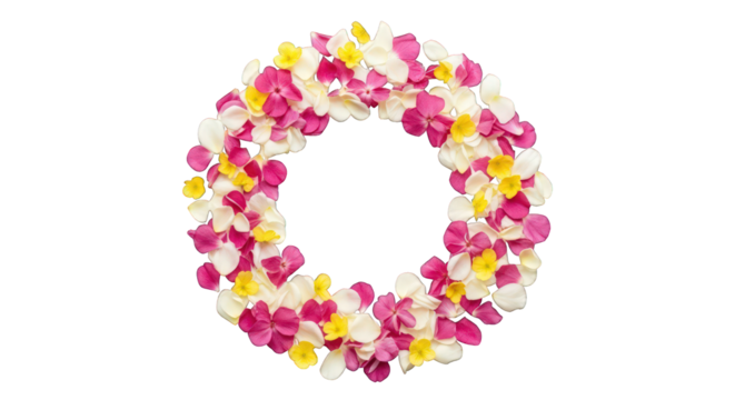 A floral wreath made of rose petals in pink, white, and yellow isolated on a transparent background