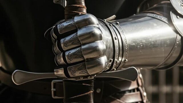 Knight in shining armor holding a sword. Medieval warrior concept with detailed gauntlet and hilt. Historical reenactment weapon grip.