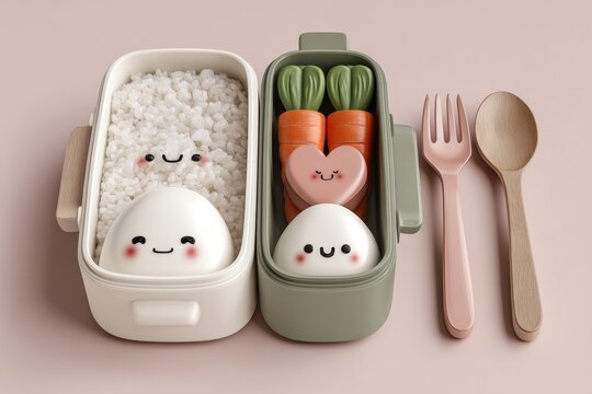 A cute bento box with a kawaii rice ball smiley face.