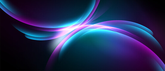 Abstract flowing shapes, vibrant blues, purples, white light. Dynamic composition creates energy, depth, visual interest.