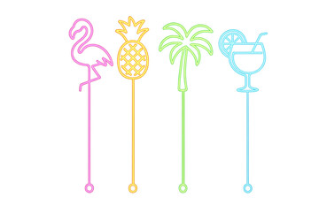 Neon glowing tropical summer drink stirrers set