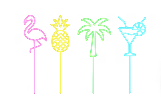 Neon glowing tropical summer party cocktail stirrers