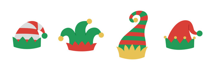 Set of funny elf hats in red and green colors. Fairytale headwear collection. Festive head accessories for Christmas and new year. Vector flat illustration isolated on white background