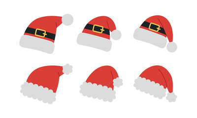 Set of red Christmas Santa Claus hats with fur, pompom and buckle. Festive headwear collection. Xmas party head accessories. Vector flat illustration isolated on white background