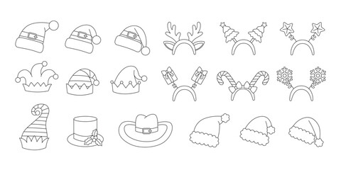 Christmas headwear coloring page. Outline set with santa hats, elf hats, headbands with reindeer antlers, christmas trees, stars, snowflakes and other decorations. Contour xmas party head accessories