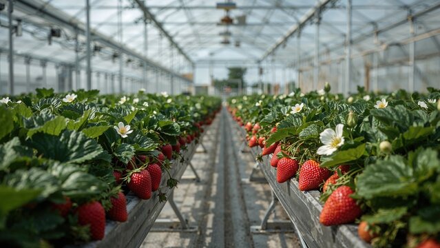 Strawberry plants with white flowers and ripe strawberries in a greenhouse setting. Agriculture and farming, concept. Horticulture and crop cultivation. The concept of greenhouse farming
