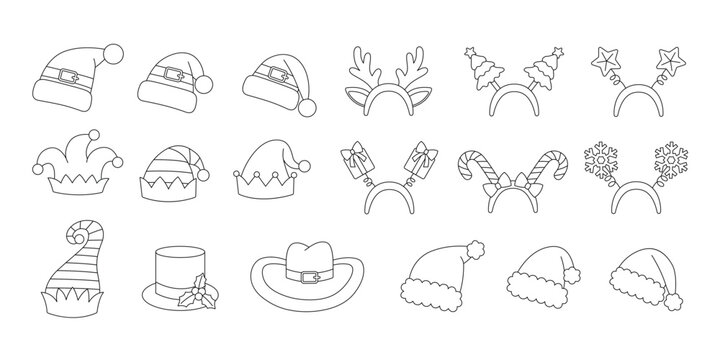 Christmas headwear coloring page. Outline set with santa hats, elf hats, headbands with reindeer antlers, christmas trees, stars, snowflakes and other decorations. Contour xmas party head accessories - Powered by Adobe
