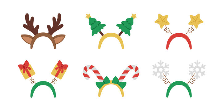 Set of Christmas headbands with reindeer antlers, trees, stars, gifts, candy canes and snowflakes. Festive headwear collection. Funny xmas head accessories. Vector flat illustration isolated on white
