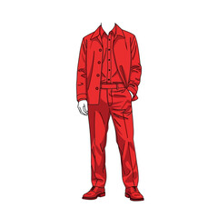 Mannequin wearing a full red suit, including a jacket, shirt, pants, and shoes, isolated on a