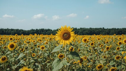 Obraz premium Sunflower field with bright yellow flowers under a blue sky.
