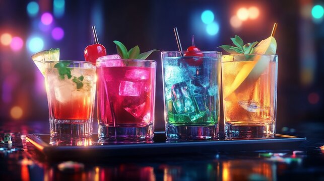 Colorful cocktails on a bar tray with ice and garnishments  