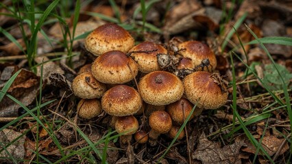 Cluster of mushrooms growing among leaves and grass in a forest floor environment.