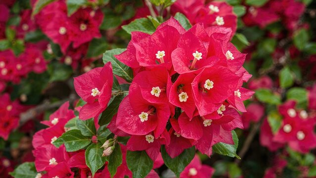 Bougainvillea flowers with green leaves and pink blossoms. - Powered by Adobe