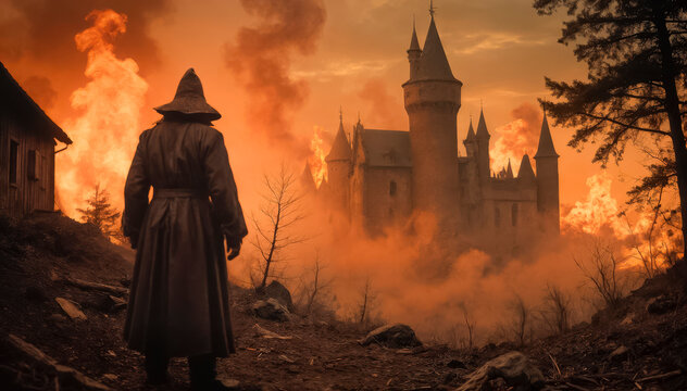 A wizard in a black robe looks at a burning castle, flames and smoke floating in the fire