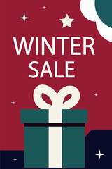 Winter sale graphic with gift box and stars on a festive red background