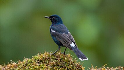 Obraz premium A bird perched on moss with a blurred green background.