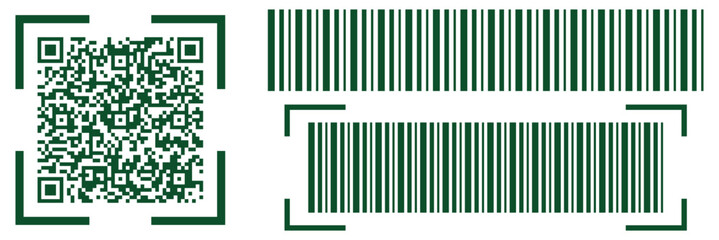 Flat QR and barcode vector design. Vector set of barcode and QR code symbols. Clean and modern code icons representing data, scanning, and digital identification. qr code and barcode icons set payment