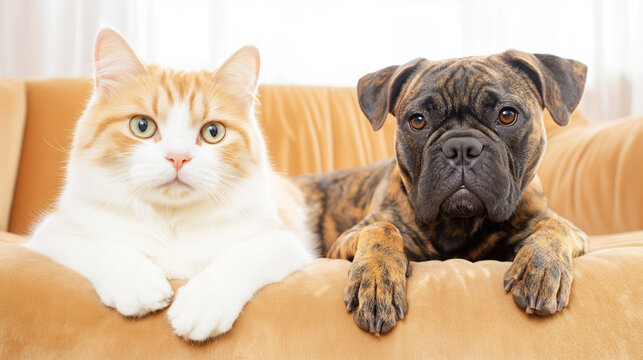 Cat and dog peacefully resting side by side on a cozy sofa, representing companionship and a loving domestic environment - Powered by Adobe