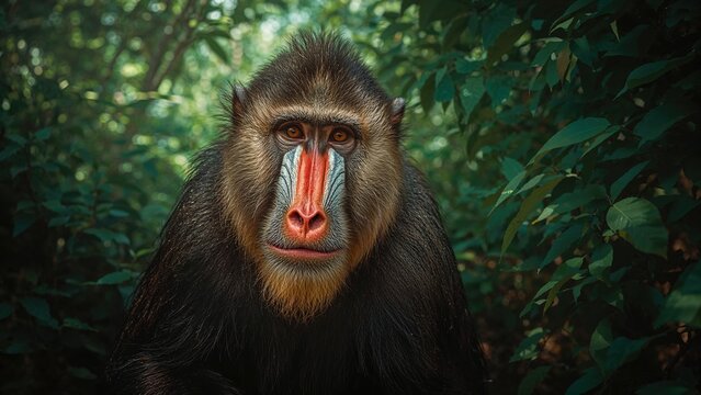 A close-up of a baboon in a lush forest environment.