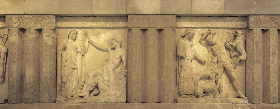 Ancient Stone Relief Panel With Classical Figures In Carved Frieze