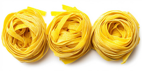 Fresh raw tagliatelle pasta nests. Uncooked Italian egg noodles on a white background, representing cooking and culinary art