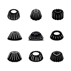 Minimalist vector icon set of nine assorted black silhouette molded pudding, flan, or gelatin desserts © Arshad