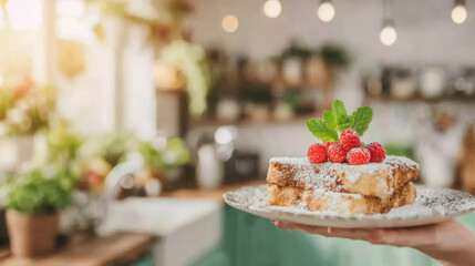 Hand serving freshly made French toast topped with berries and mint for a sweet breakfast or brunch in a bright kitchen