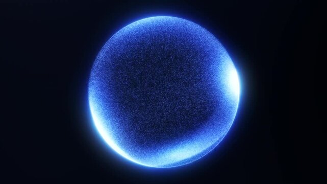 Blue particle sphere in smooth liquid motion forming glowing waves and a bright contour. Seamless loop with soft neon energy flow suitable for abstract and tech visual scenes.