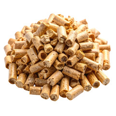 Pile of small, cylindrical, beige wood pellets against dark background