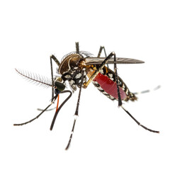 Mosquito close-up with speckled abdomen, legs, and wings. Isolated